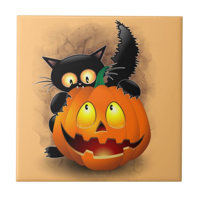Azulejo Cat Fun Halloween Character biting a Pumpkin  (Frente)