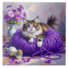 Azulejo Cat  in Purple Yarn and Flowers  