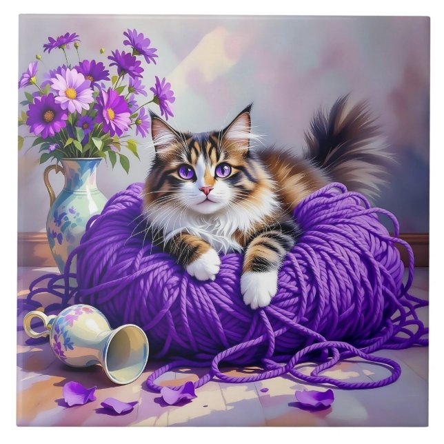 Azulejo Cat  in Purple Yarn and Flowers   (Frente)
