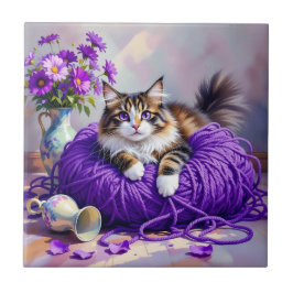 Azulejo Cat  in Purple Yarn and Flowers  