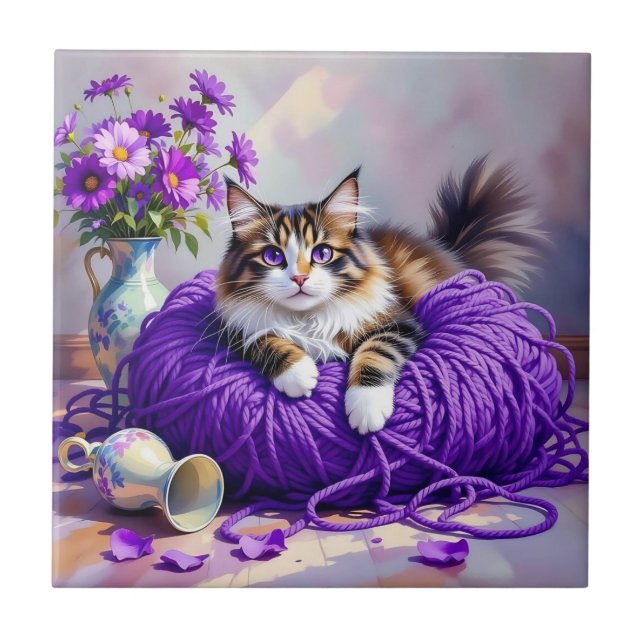 Azulejo Cat  in Purple Yarn and Flowers   (Frente)