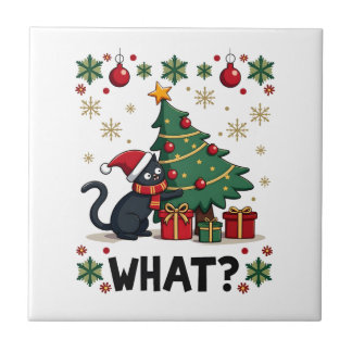 Azulejo Cat What Funny Black Cat Pushing Christmas Tree Ug