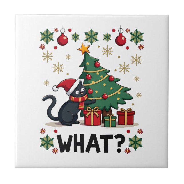 Azulejo Cat What Funny Black Cat Pushing Christmas Tree Ug (Frente)