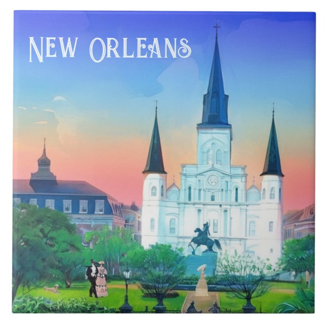 Azulejo Catedral de St Louis de Nueva Orleans al atardecer (Frente)