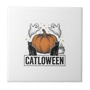 Azulejo Catloween Gato Negro Fantasma Diseño Vectorial de 