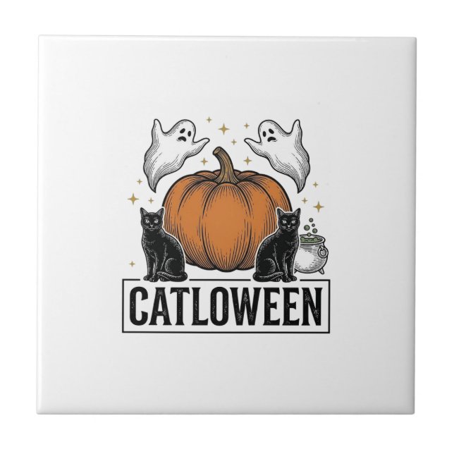 Azulejo Catloween Gato Negro Fantasma Diseño Vectorial de  (Frente)