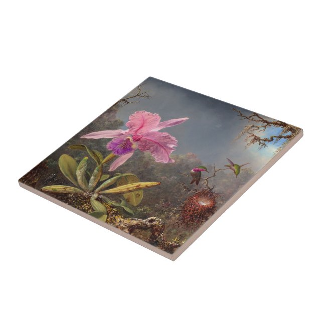 Azulejo Cattleya Orchid y tres Hummingbirds por Heade (Lado)