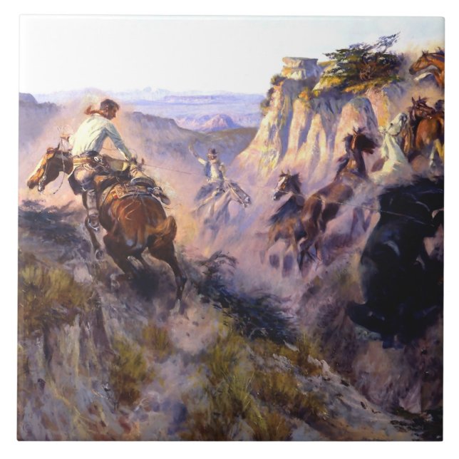 Azulejo “Cazadores de caballos salvajes” de Charles M Russ (Frente)