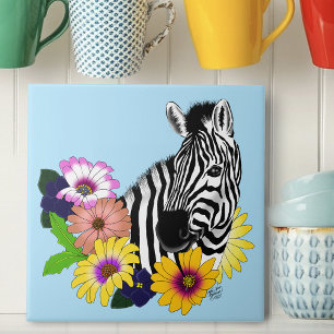 Azulejo Cebra Azul Floral Colorida Daisy Fauna Silvestre