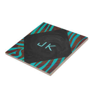 Azulejo Cebra Marrón y Azul Turquesa con Monograma