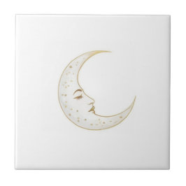 Azulejo Celestial Crescent Moon Face Gold Silver White