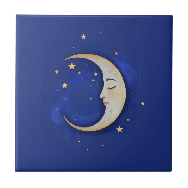 Azulejo Celestial Crescent Moon with Face Gold Dark Blue (Frente)