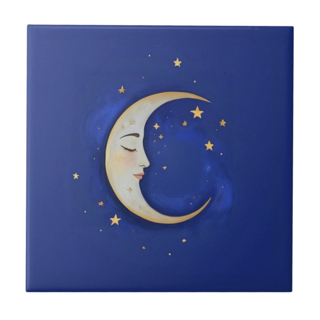 Azulejo Celestial Crescent Moon with Face Gold Dark Blue (Frente)