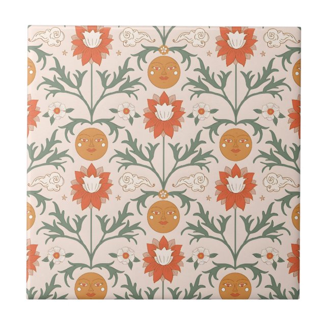 Azulejo Celestial Floral Sunburst Seamless Pattern Design (Frente)