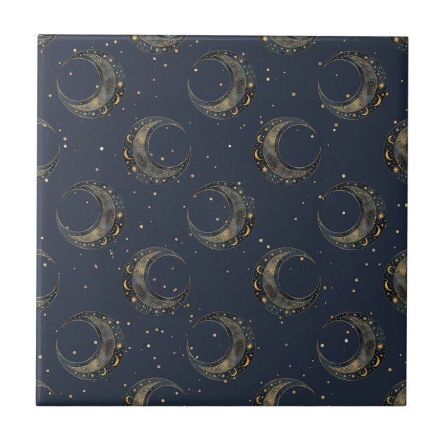 Azulejo Celestial Moon Gold Starry Night Pattern (1) (Frente)