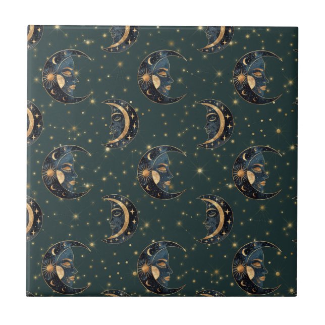 Azulejo Celestial Moon Gold Starry Night Pattern (2) (Frente)