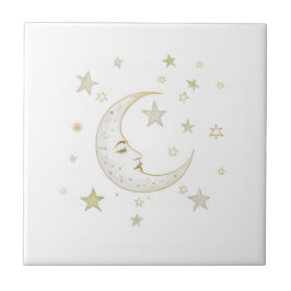 Azulejo Celestial Moon with Face & Stars Gold Silver White