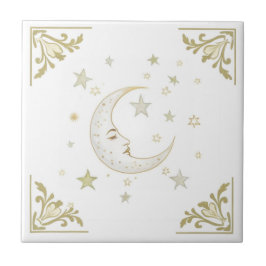 Azulejo Celestial Moon with Face & Stars Gold White Delft