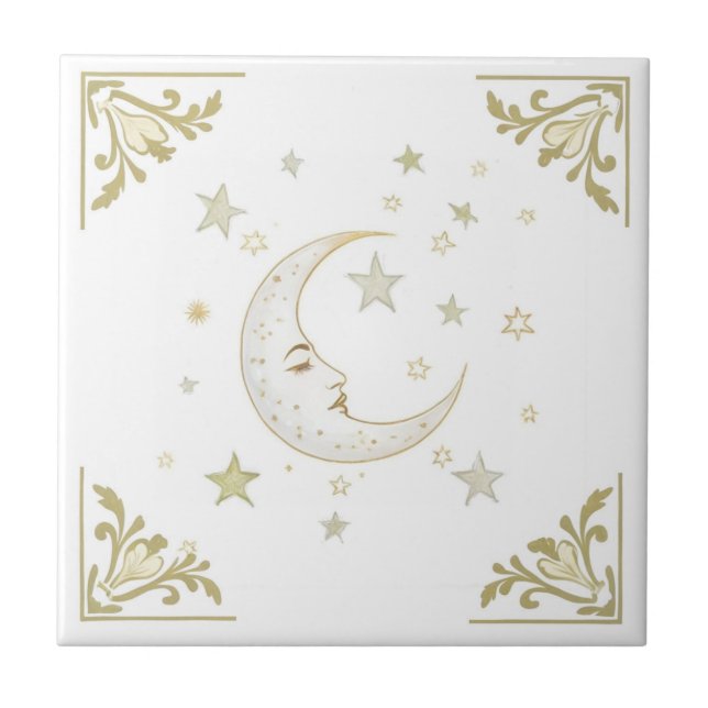 Azulejo Celestial Moon with Face & Stars Gold White Delft (Frente)