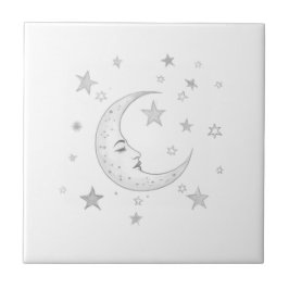 Azulejo Celestial Moon with Face & Stars Silver and White