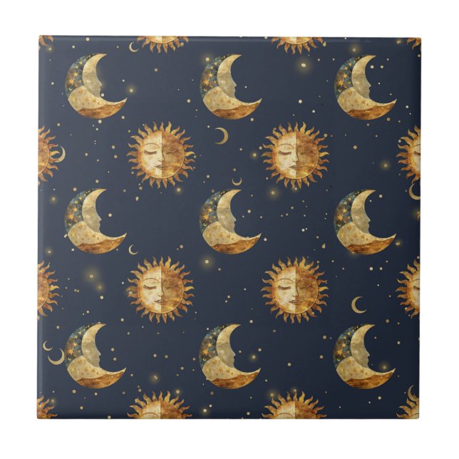 Azulejo Celestial Sun & Moon Gold Starry Night Pattern (1) (Frente)