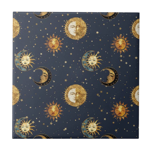 Azulejo Celestial Sun & Moon Gold Starry Night Pattern (2) (Frente)