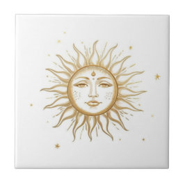 Azulejo Celestial Sun with Face Gold and White