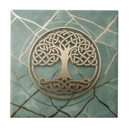 Azulejo Celta Árbol de la Vida Sabio Mármol Dorado Crann B