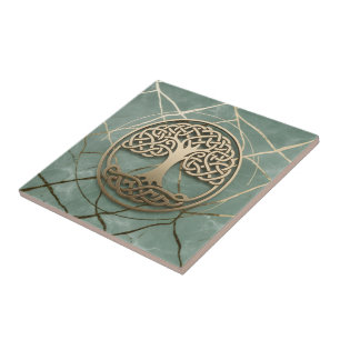 Azulejo Celta Árbol de la Vida Sabio Mármol Dorado Crann B
