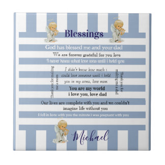Azulejo Ceramic Tile Blue & White Stripe Blessings Child