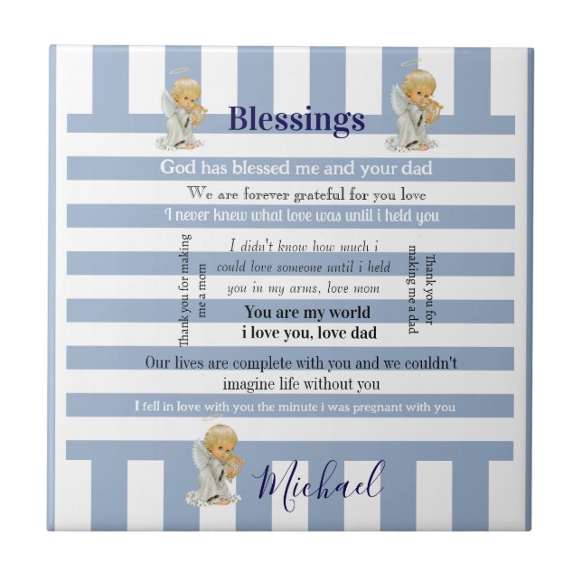 Azulejo Ceramic Tile Blue & White Stripe Blessings Child (Frente)