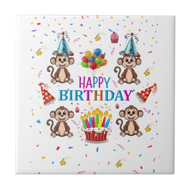 Azulejo Ceramic Tile Happy Birthday Monkey Cupcake (Frente)