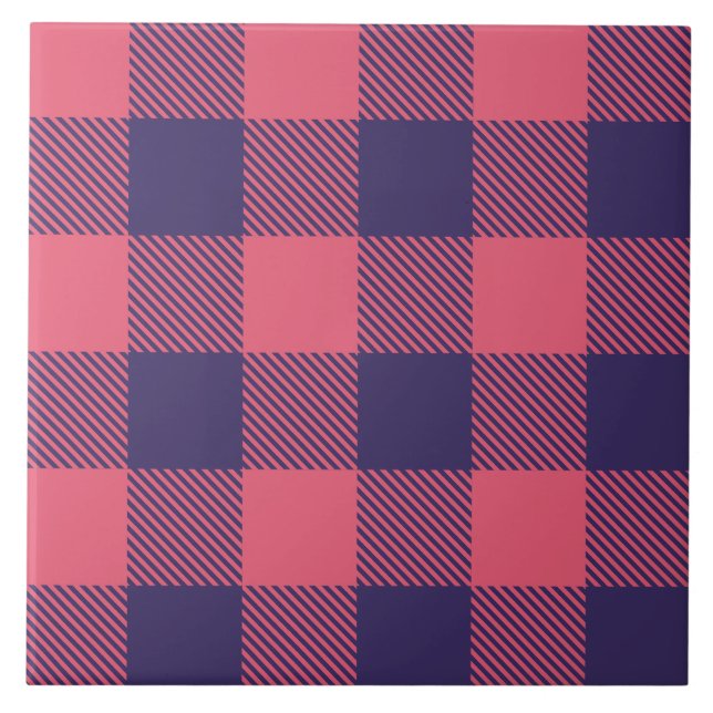 Azulejo Ceramic Tile Hot Pink Magenta Indigo Buffalo Plaid (Frente)
