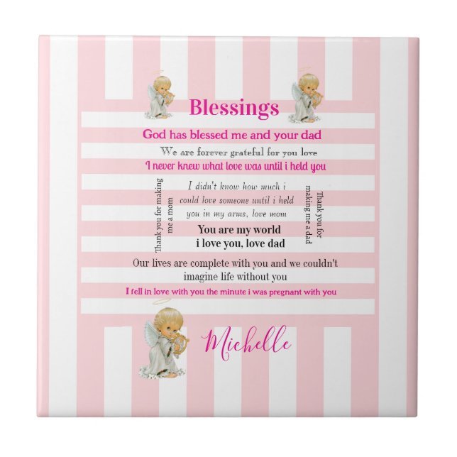 Azulejo Ceramic Tile Pink & White Stripe Blessings (Frente)