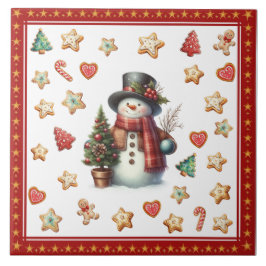 Azulejo Ceramic Tile Snowman and Christmas Cookies Red