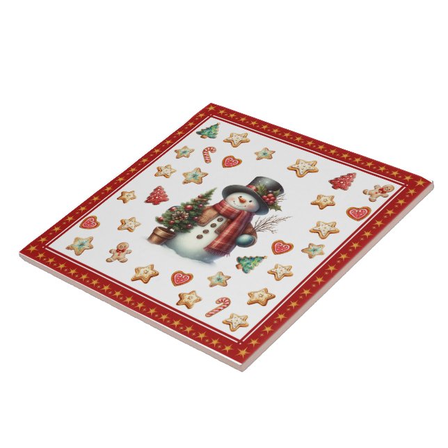 Azulejo Ceramic Tile Snowman and Christmas Cookies Red (Lado)