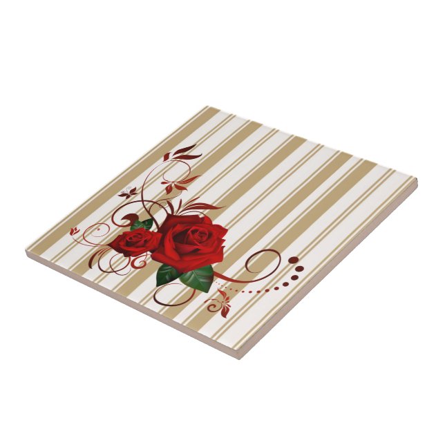 Azulejo Ceramic Tile Stripe Beige & White Stripe Red Rose  (Lado)