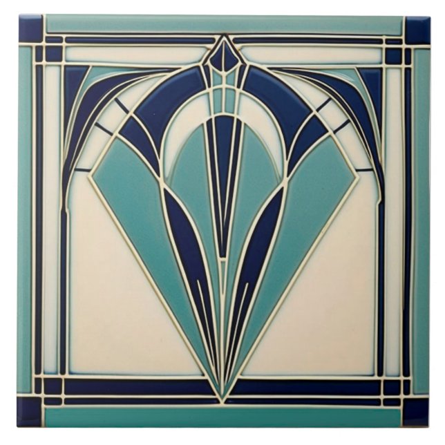 Azulejo Cerámica acuática y marina azul Art Deco (Frente)