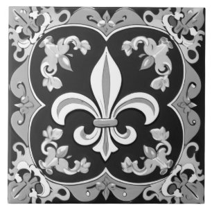 Azulejo Cerámica de Flor de Lis Tile en blanco y negro