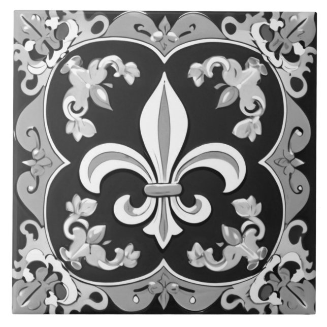 Azulejo Cerámica de Flor de Lis Tile en blanco y negro (Frente)