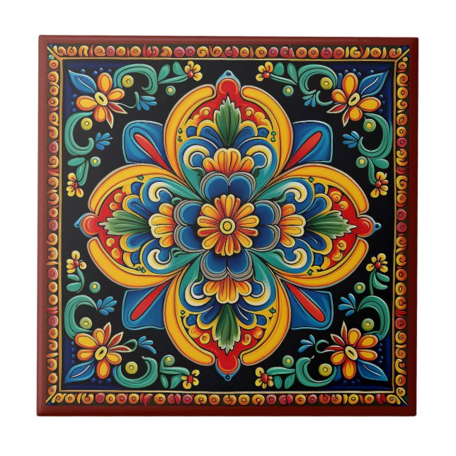 Azulejo Cerámica de flores de estilo Huichol mexicano 10/1 (Frente)
