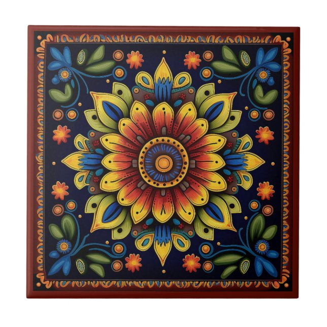 Azulejo Cerámica de flores de estilo Huichol mexicano 11/1 (Frente)