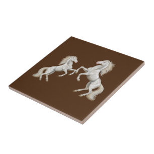 Azulejo Cerámica Tile Blanco Caballos Marrón