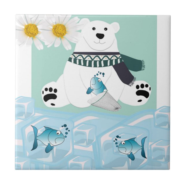Azulejo Cerámica Tile Blanco Daisy Polar Oso Fish Ice burg (Frente)