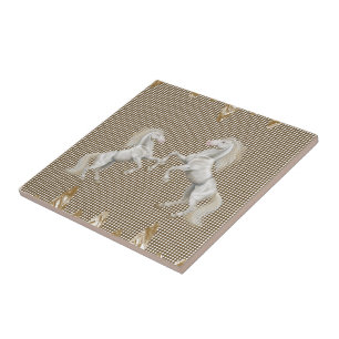 Azulejo Cerámica Tile White Horses Beige