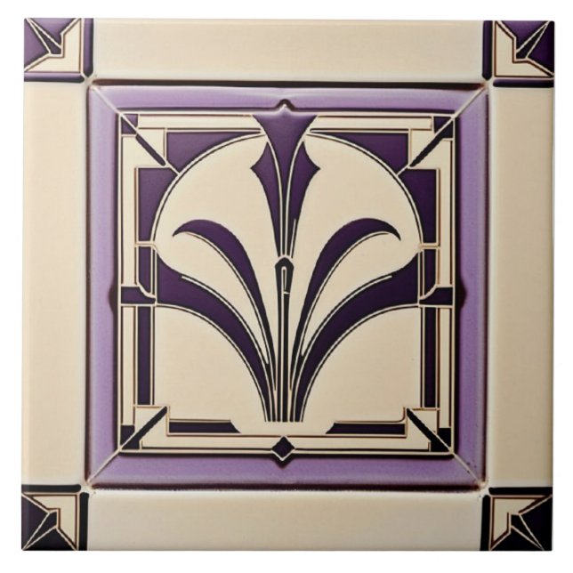 Azulejo Cerámica violeta muda y crema Art Déco (Frente)