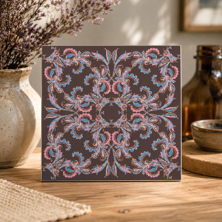 Azulejo Cerámico Antiguo de Roleos Paisley en Azul