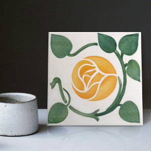 Azulejo Cerámico Art Déco Simétrico Rosa Amarillo