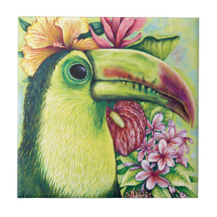 Azulejo Cerámico Arte Floral Tropical Verde Pájaro