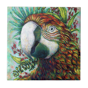 Azulejo Cerámico Arte Floral Tropical Verde Pájaro